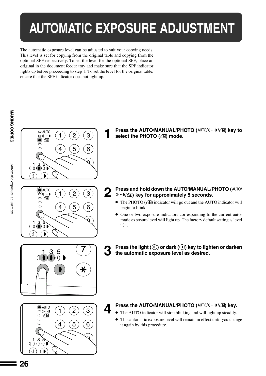 Sharp AR-162, AR-163 operation manual Automatic Exposure Adjustment 