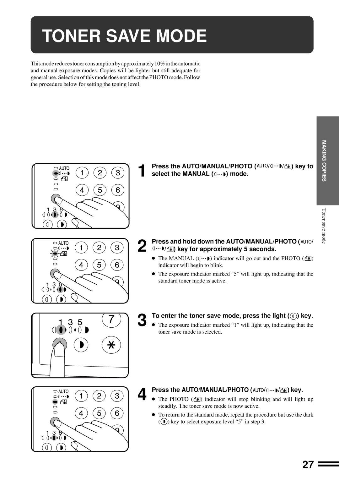 Sharp AR-163, AR-162 operation manual Toner Save Mode, To enter the toner save mode, press the light key 