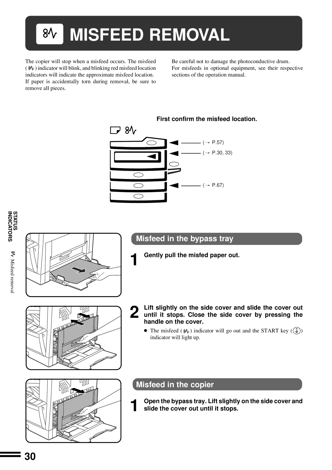 Sharp AR-162 Misfeed Removal, Misfeed in the bypass tray, Misfeed in the copier, First confirm the misfeed location 