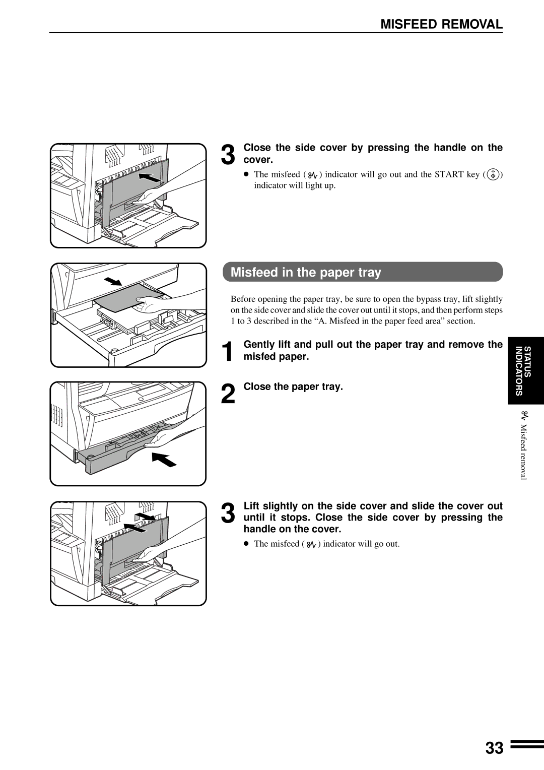 Sharp AR-163, AR-162 operation manual Misfeed in the paper tray, Close the side cover by pressing the handle on Cover 