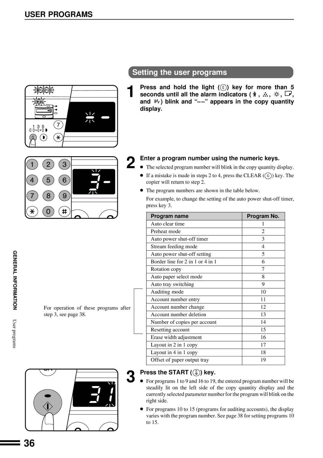 Sharp AR-162, AR-163 User Programs, Setting the user programs, Enter a program number using the numeric keys 