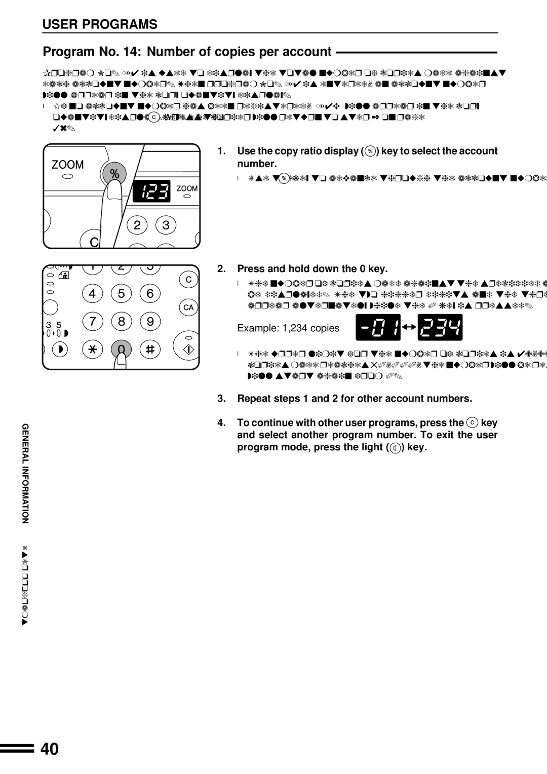 Sharp AR-162, AR-163 Use the copy ratio display key to select the account Number, Press and hold down the 0 key 