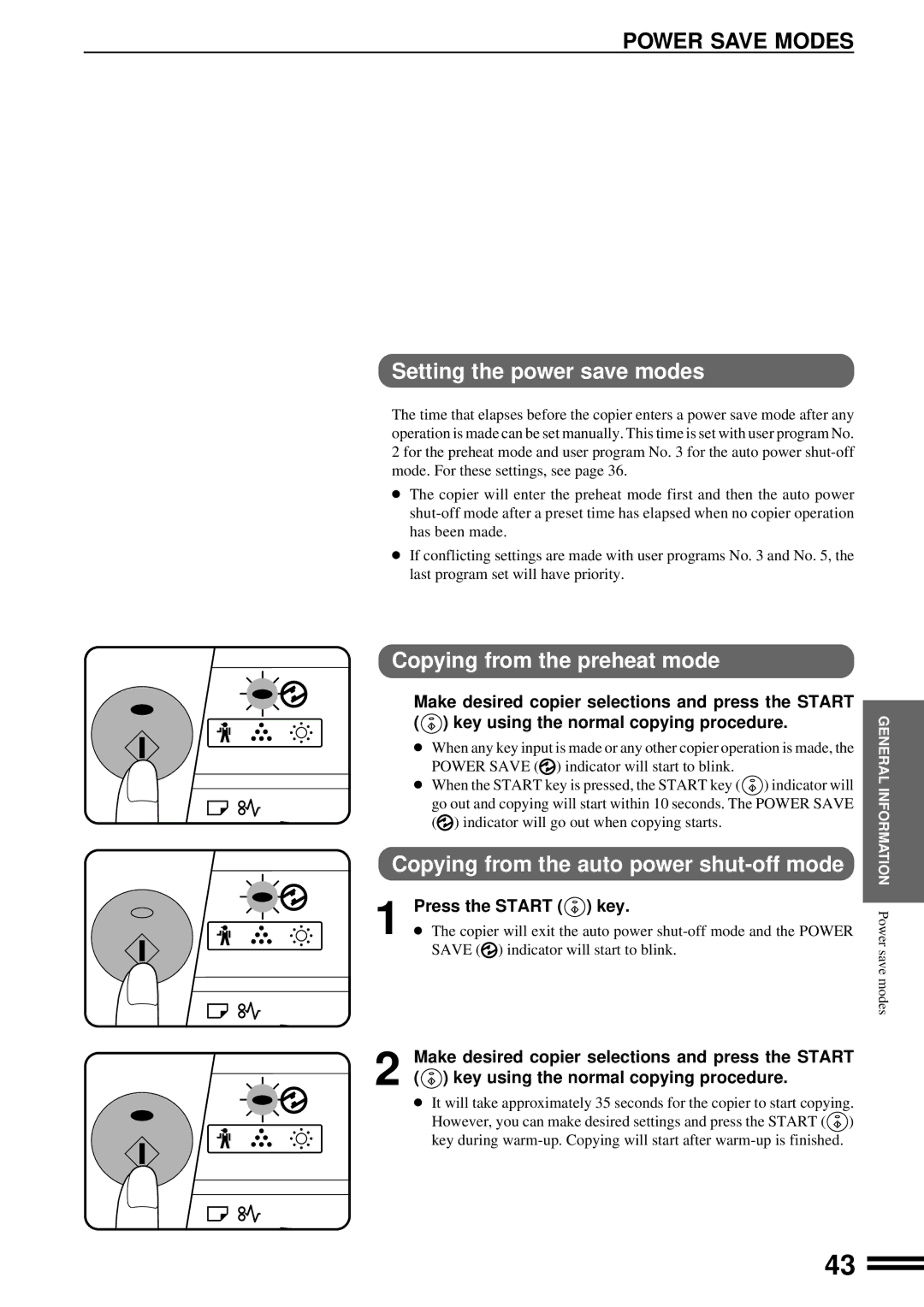 Sharp AR-163, AR-162 operation manual Power Save Modes, Setting the power save modes, Copying from the preheat mode 