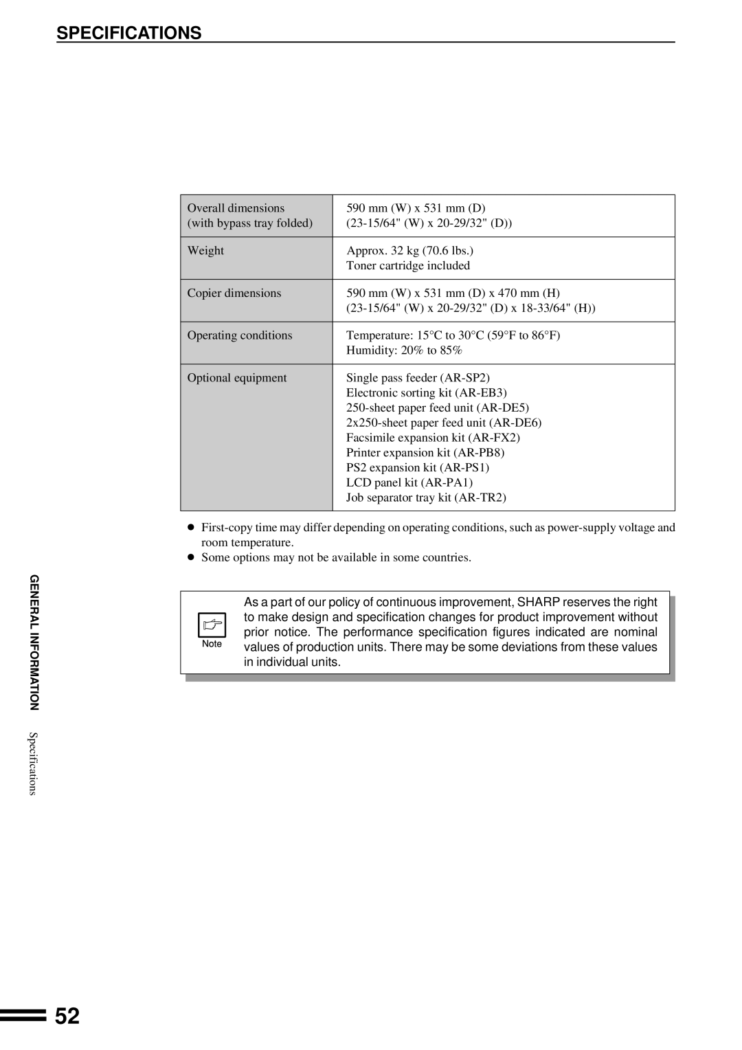 Sharp AR-162, AR-163 operation manual Specifications 