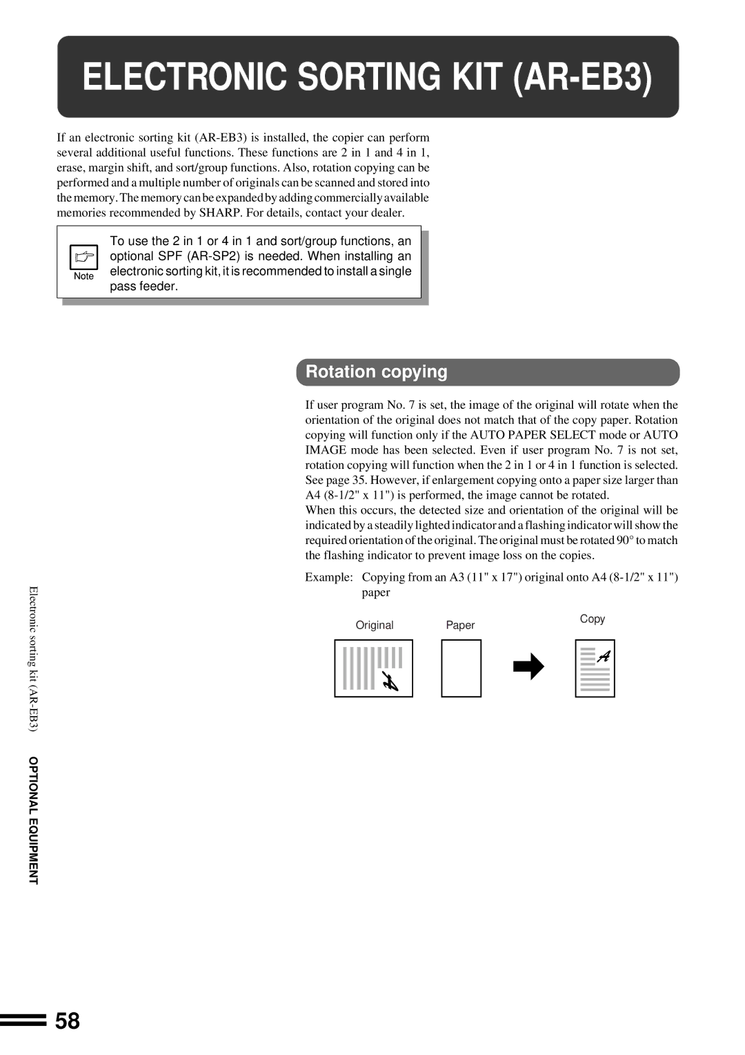 Sharp AR-162, AR-163 operation manual Electronic Sorting KIT AR-EB3, Rotation copying 