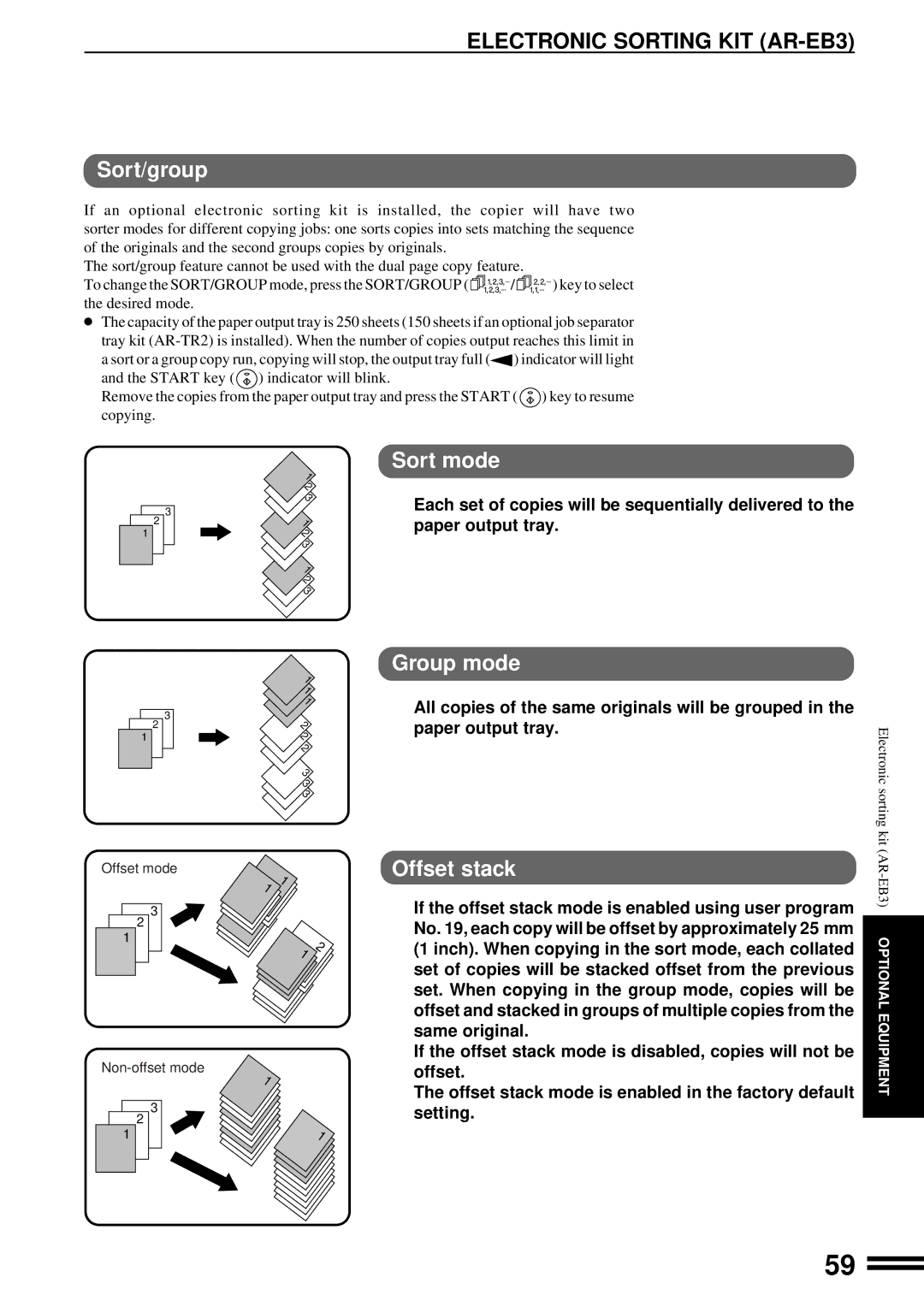 Sharp AR-163, AR-162 operation manual Electronic Sorting KIT AR-EB3, Sort/group, Sort mode, Group mode, Offset stack 