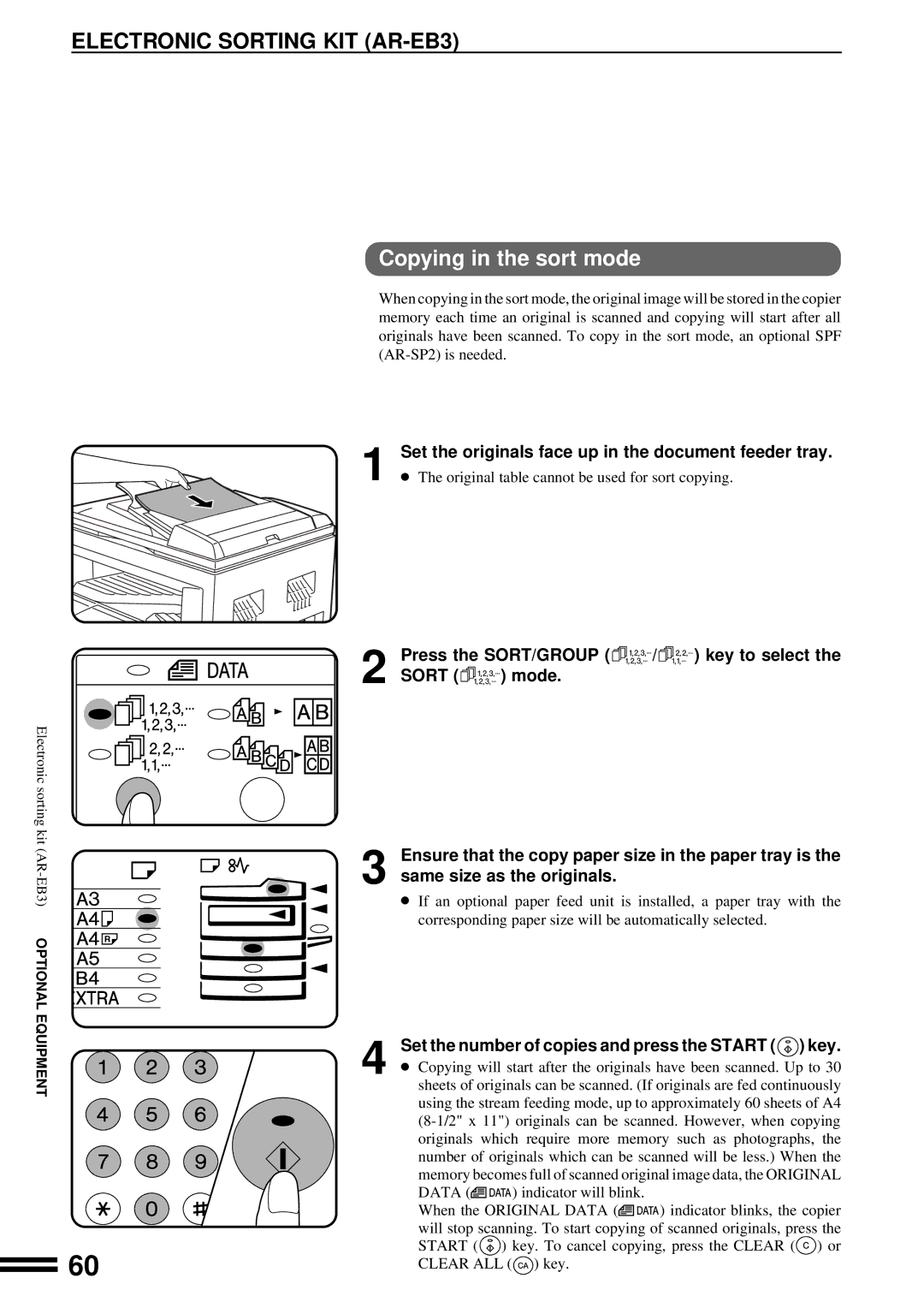 Sharp AR-162, AR-163 operation manual Copying in the sort mode, Set the originals face up in the document feeder tray 