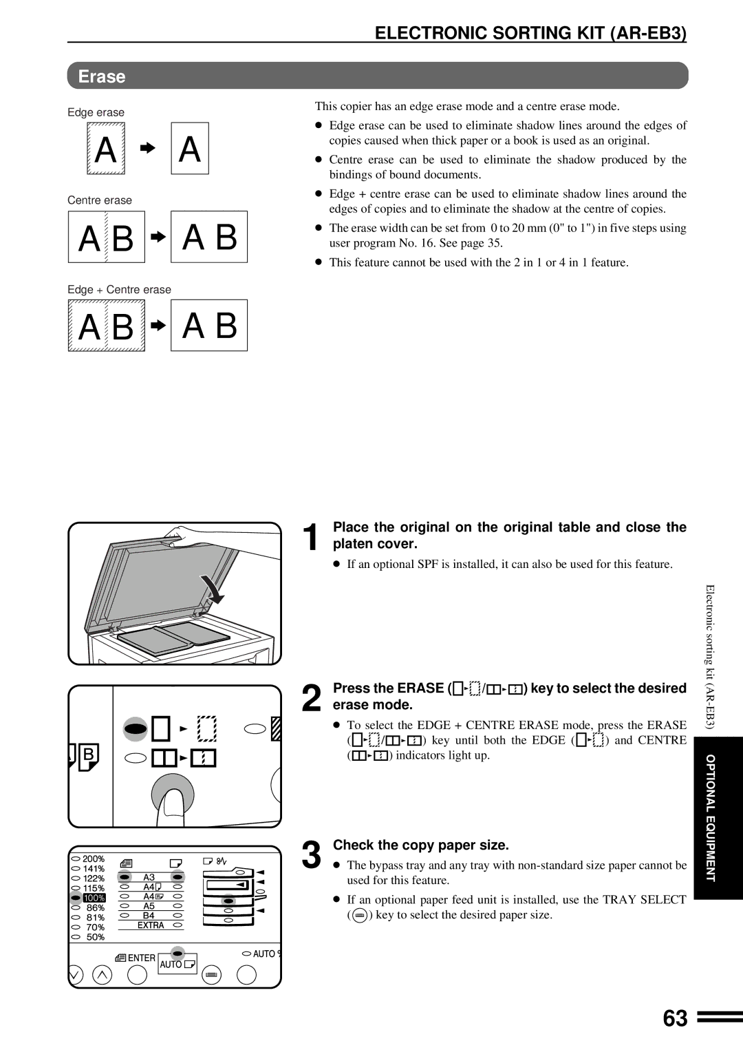 Sharp AR-163, AR-162 operation manual Press the Erase / key to select the desired Erase mode 