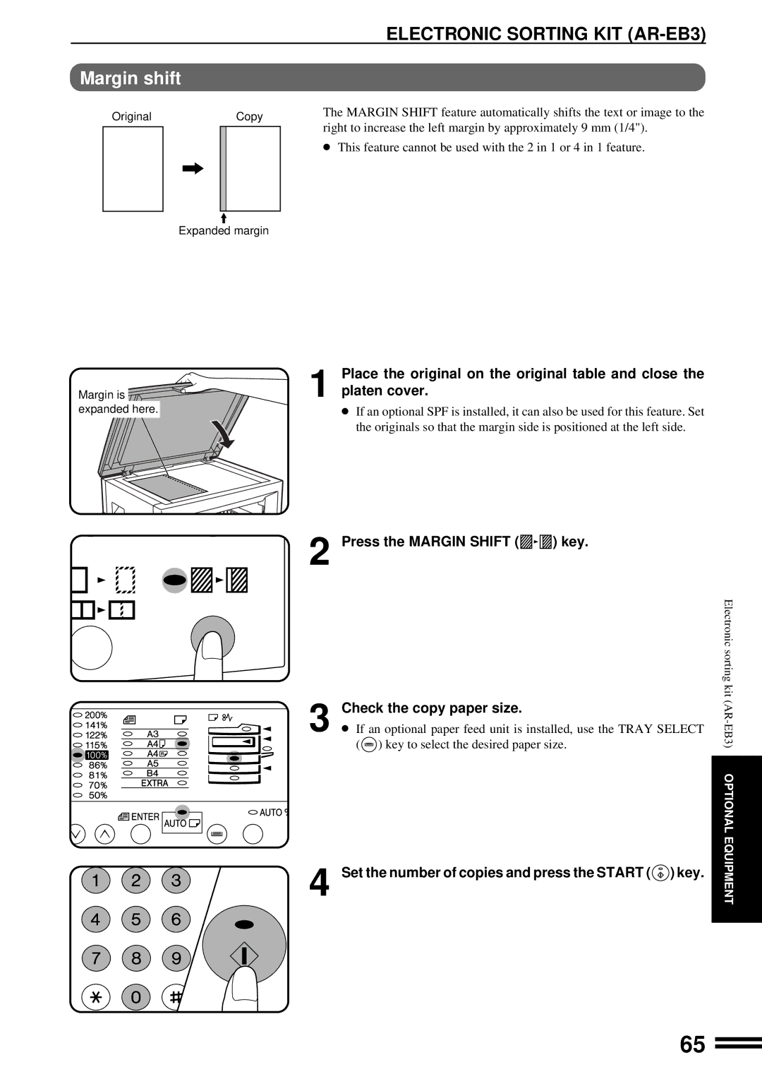 Sharp AR-163, AR-162 operation manual Margin shift, Press the Margin Shift key Check the copy paper size 