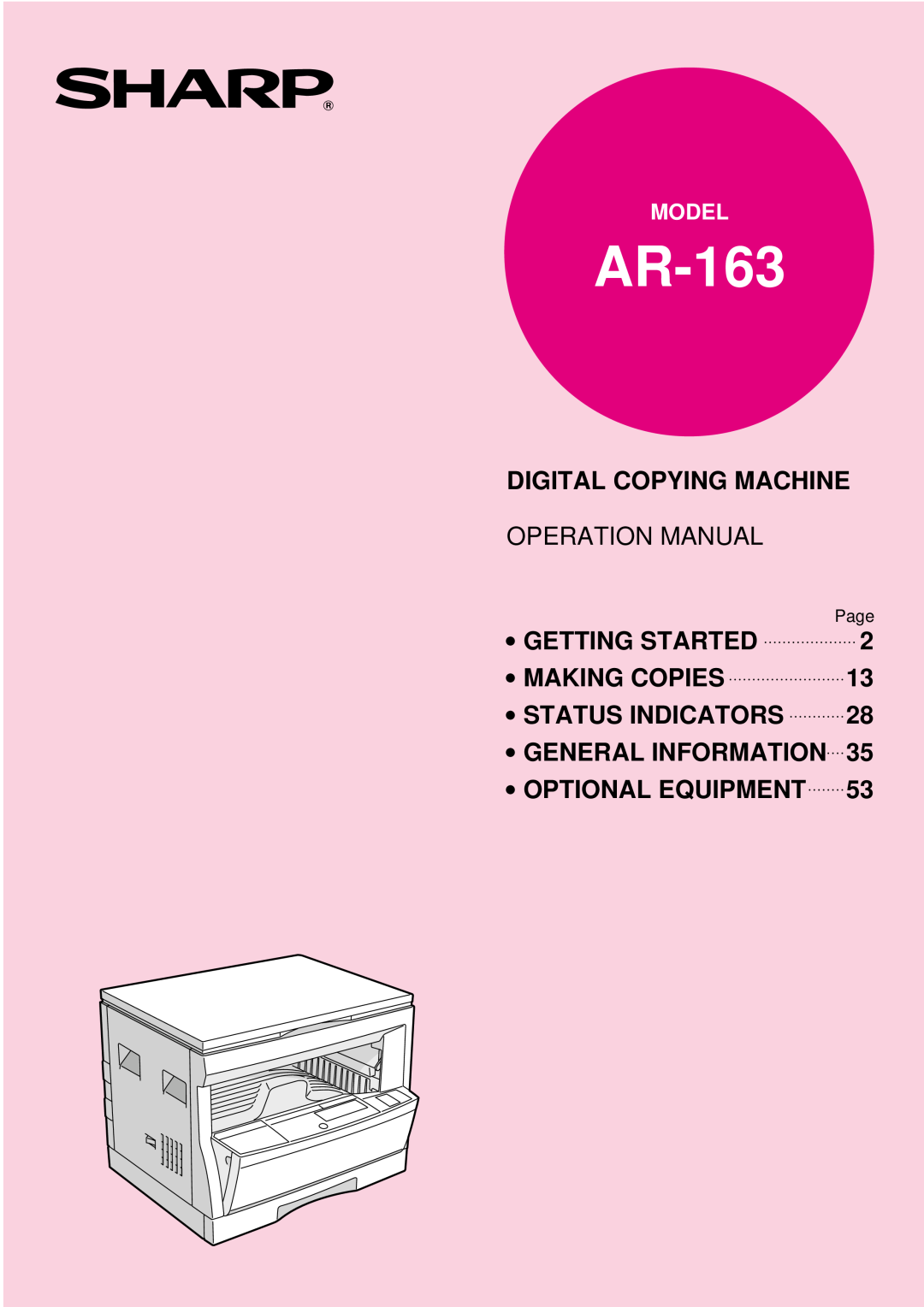 Sharp AR-163 operation manual Model, Page, Digital Copying Machine, Operation Manual, Getting Started, Making Copies 