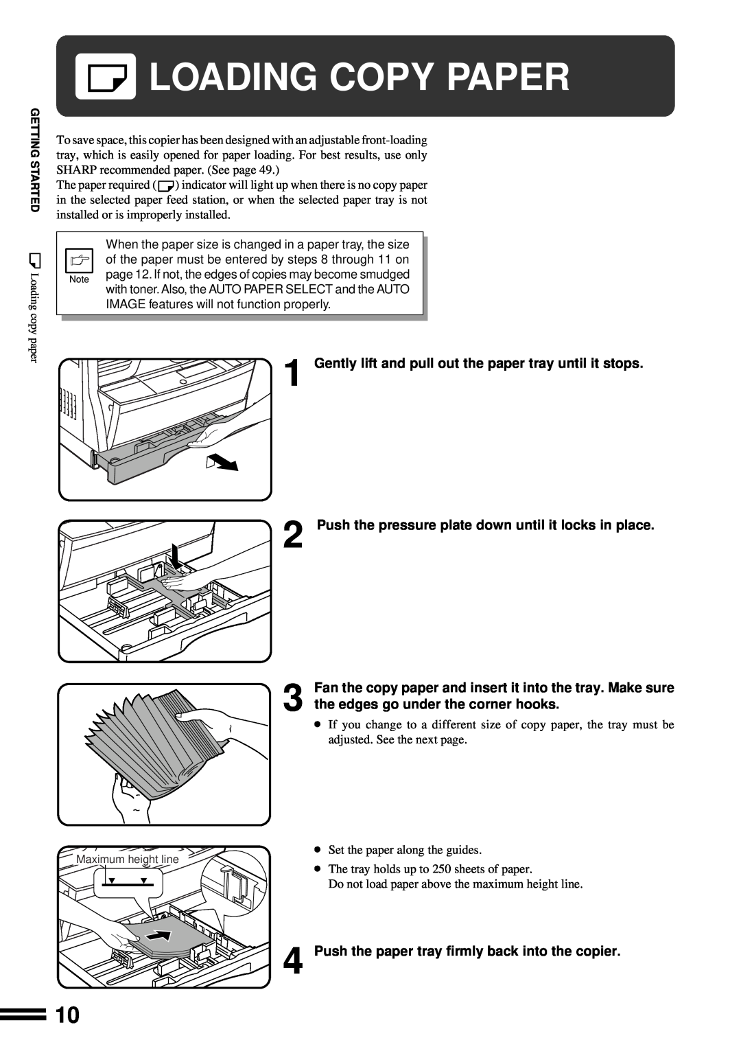 Sharp AR-162, AR-163 operation manual Loading Copy Paper, Gently lift and pull out the paper tray until it stops 