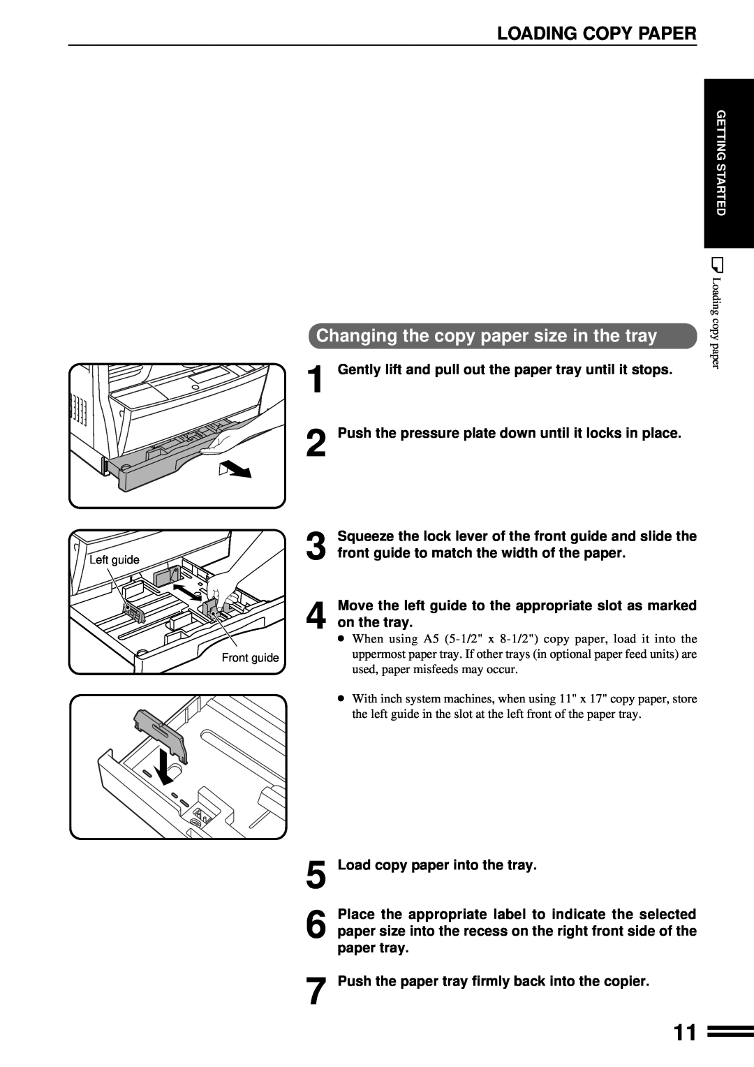 Sharp AR-163 Loading Copy Paper, Squeeze the lock lever of the front guide and slide the, Left guide, Getting Started 
