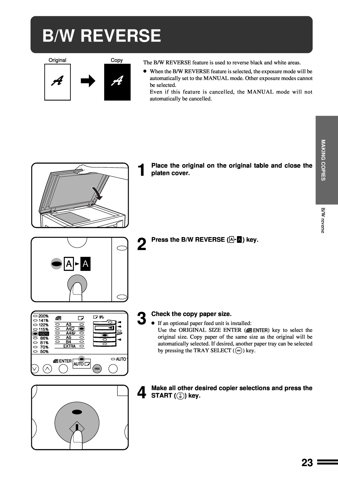 Sharp AR-163, AR-162 operation manual B/W Reverse, Press the B/W REVERSE key Check the copy paper size, Original, Copy 