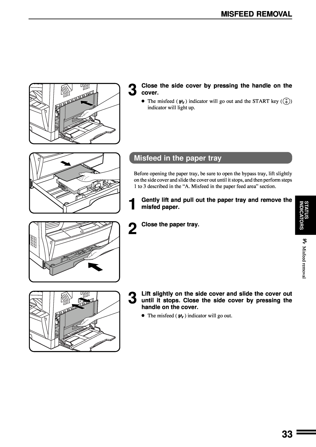 Sharp AR-163 Misfeed in the paper tray, Close the side cover by pressing the handle on the 3 cover, Close the paper tray 