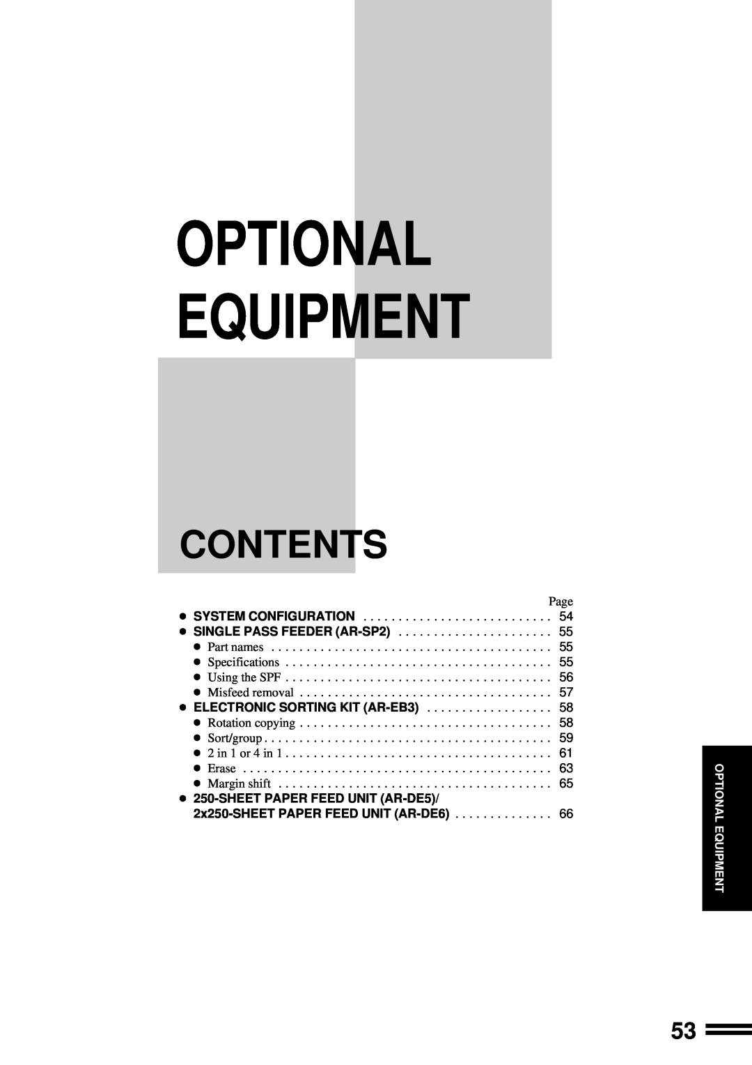 Sharp AR-163, AR-162 operation manual Contents, Optional Equipment 