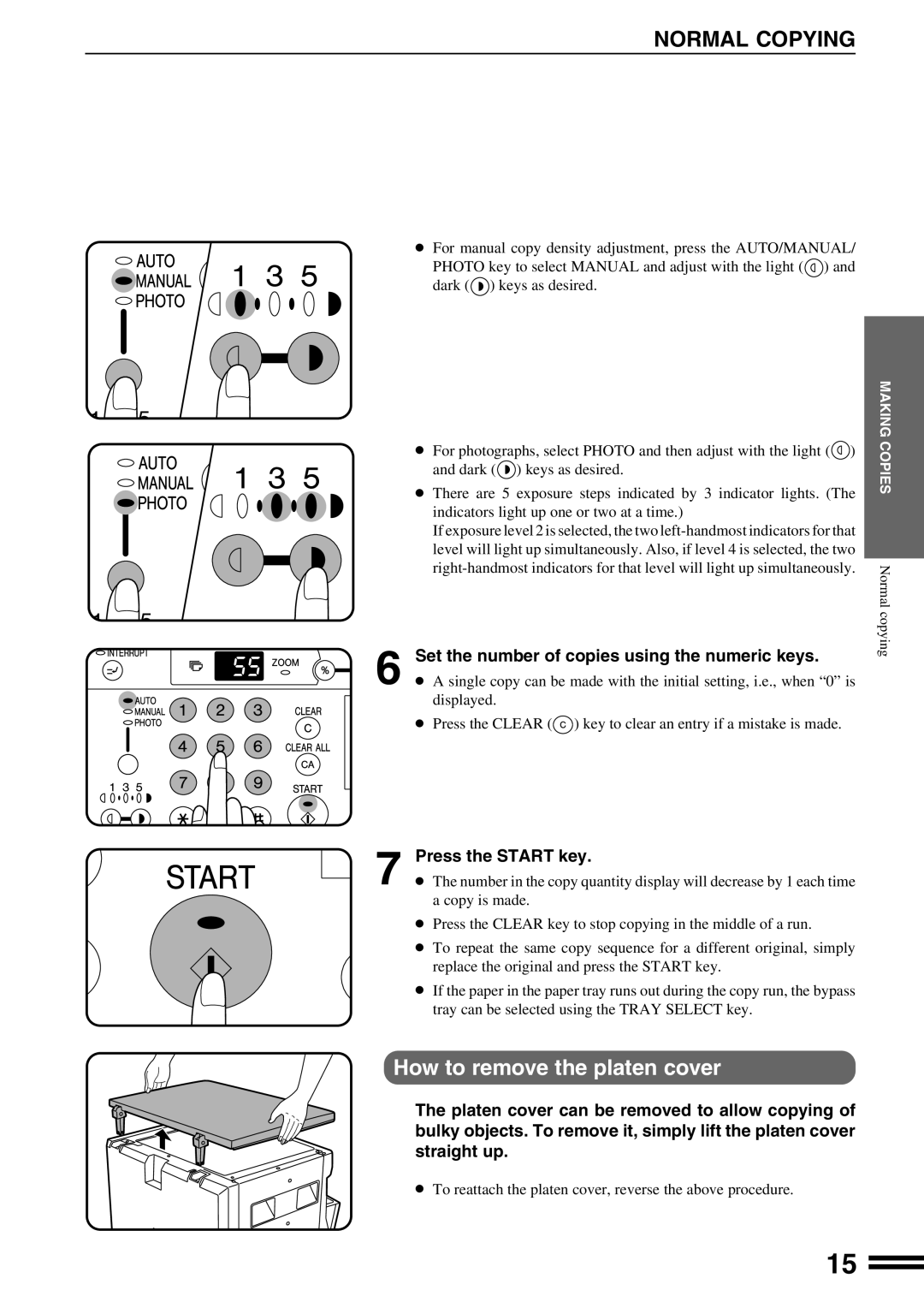 Sharp AR-162S Normal Copying, How to remove the platen cover, Set the number of copies using the numeric keys 