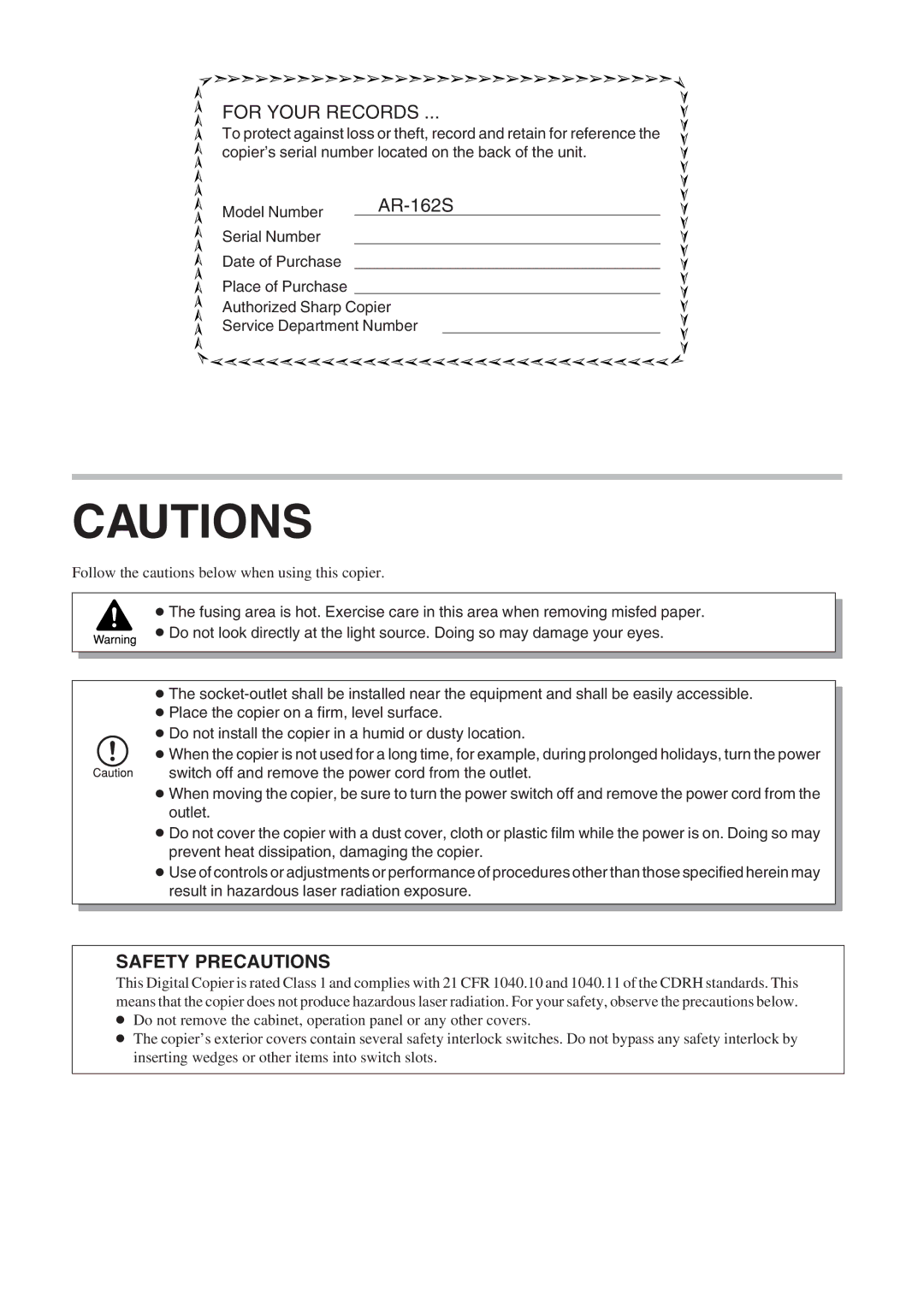 Sharp AR-162S operation manual Safety Precautions 