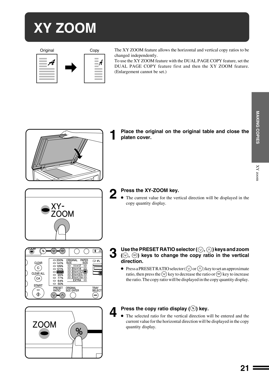 Sharp AR-162S operation manual XY Zoom, Press the XY-ZOOM key, Press the copy ratio display key 