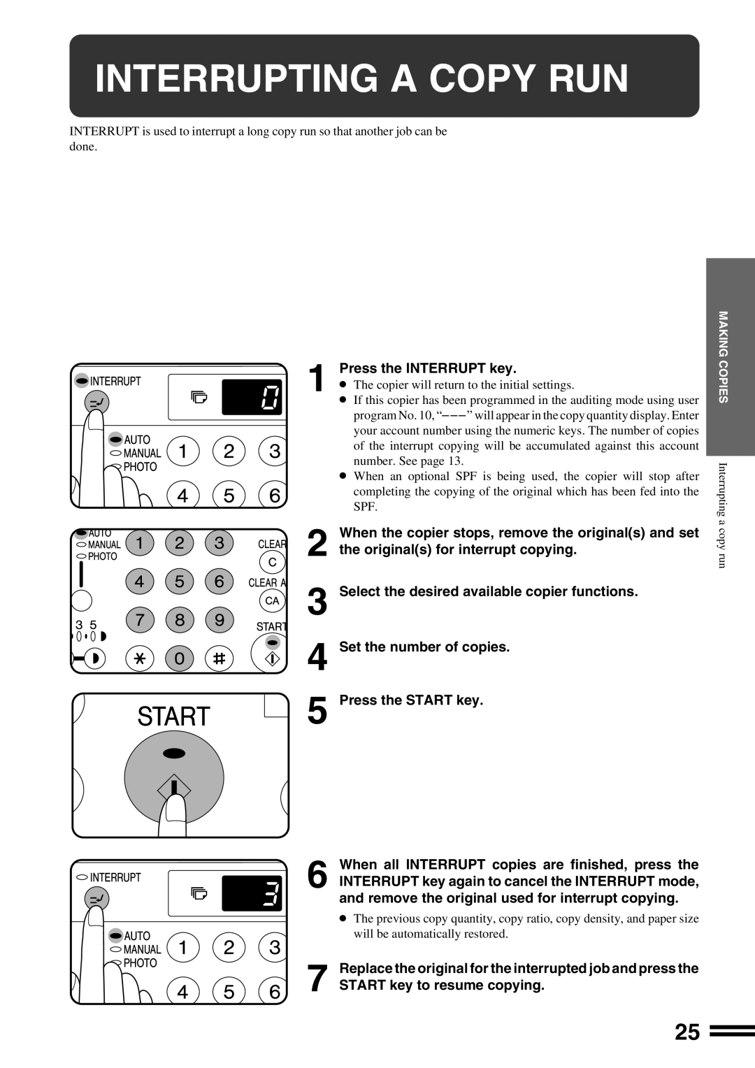 Sharp AR-162S operation manual Interrupting a Copy RUN, Press the Interrupt key, Start key to resume copying 