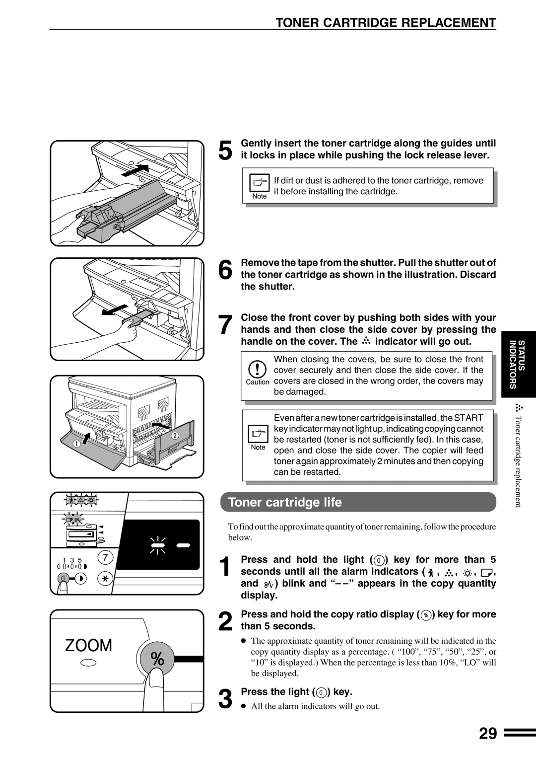 Sharp AR-162S operation manual Toner Cartridge Replacement, Toner cartridge life, Press the light key 