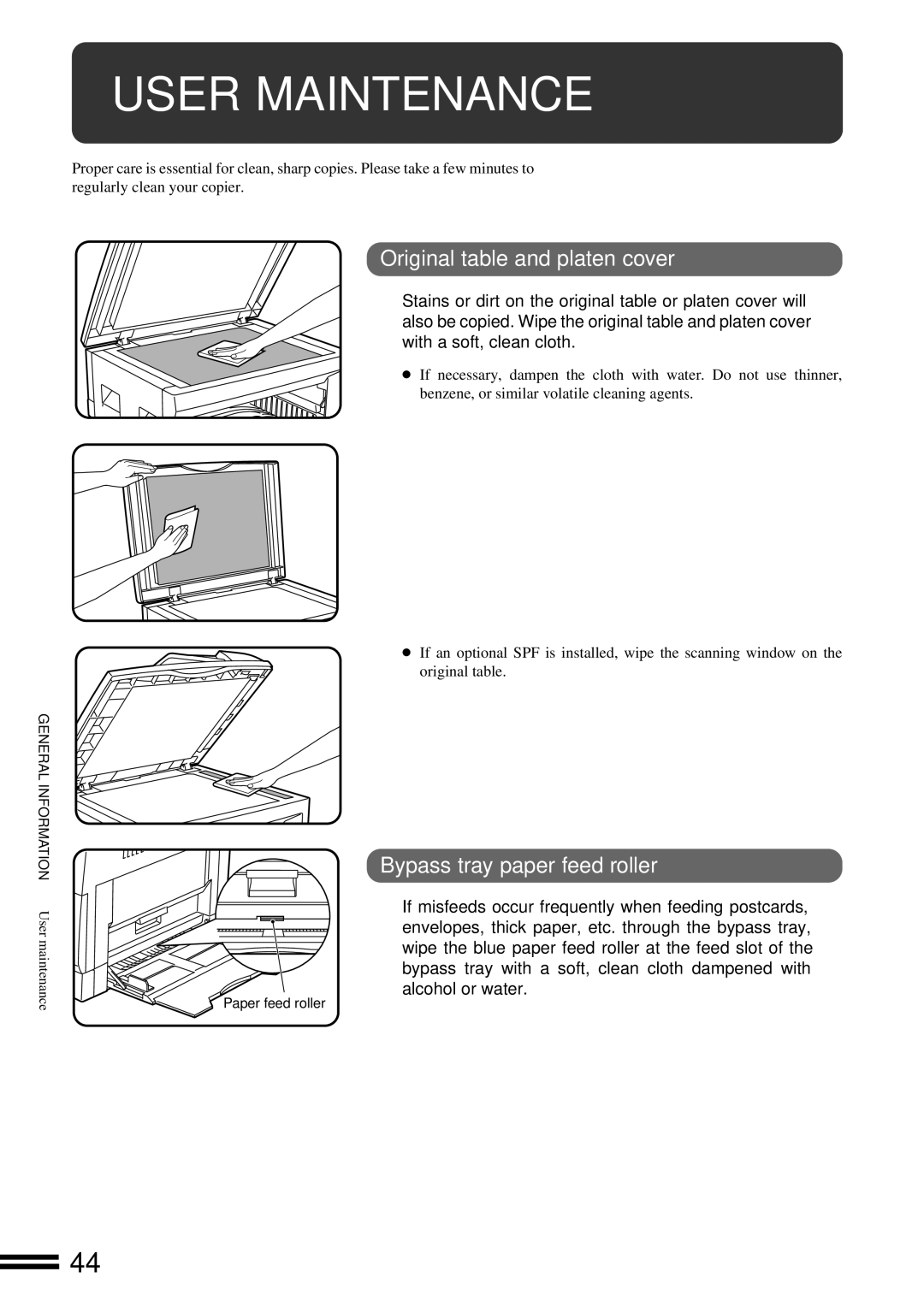 Sharp AR-162S operation manual User Maintenance, Original table and platen cover, Bypass tray paper feed roller 