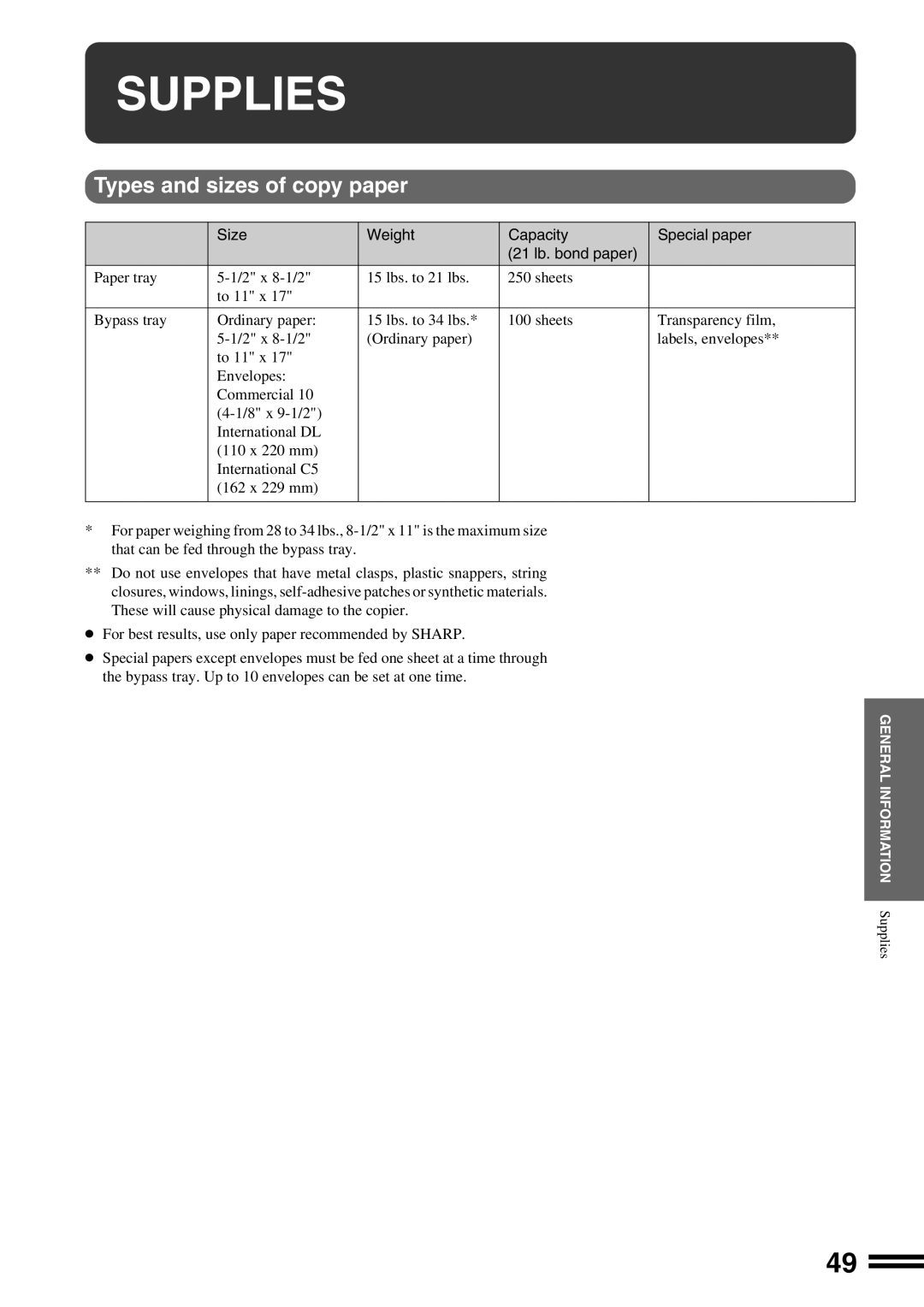 Sharp AR-162S operation manual Supplies, Types and sizes of copy paper 