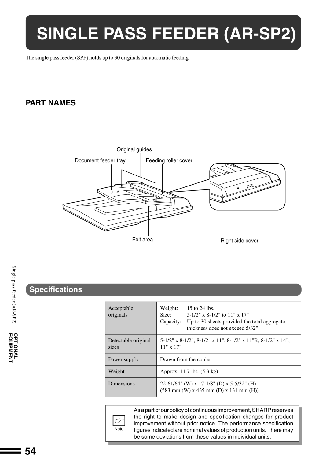 Sharp AR-162S operation manual Single Pass Feeder AR-SP2, Part Names, Specifications 