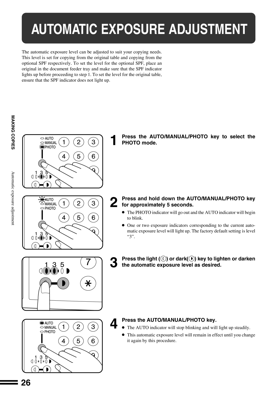 Sharp AR-162S operation manual Automatic Exposure Adjustment 