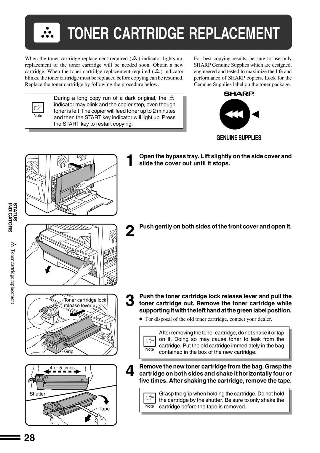 Sharp AR-162S Push the toner cartridge lock release lever and pull, Remove the new toner cartridge from the bag. Grasp 