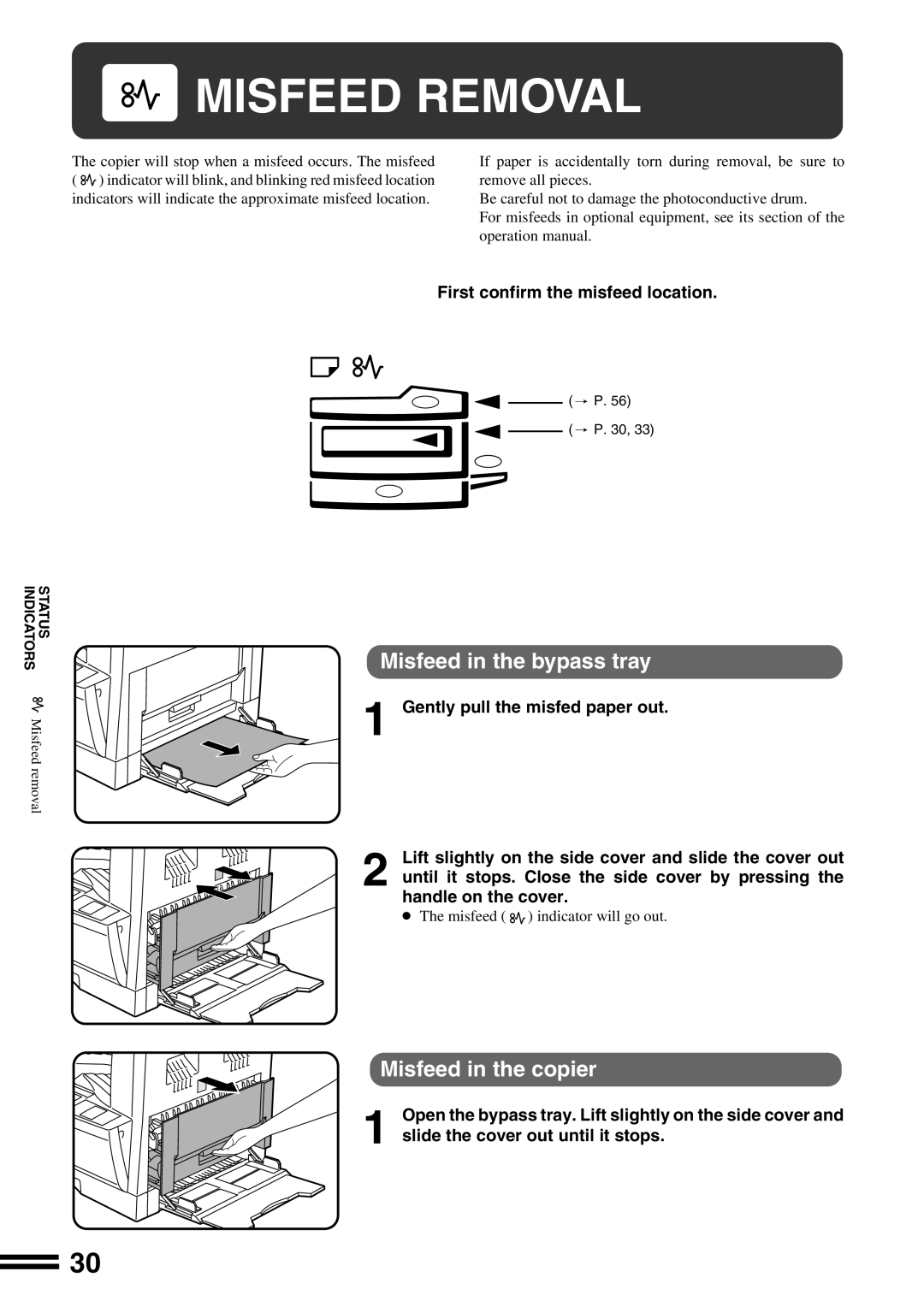 Sharp AR-162S Misfeed Removal, Misfeed in the bypass tray, Misfeed in the copier, First confirm the misfeed location 