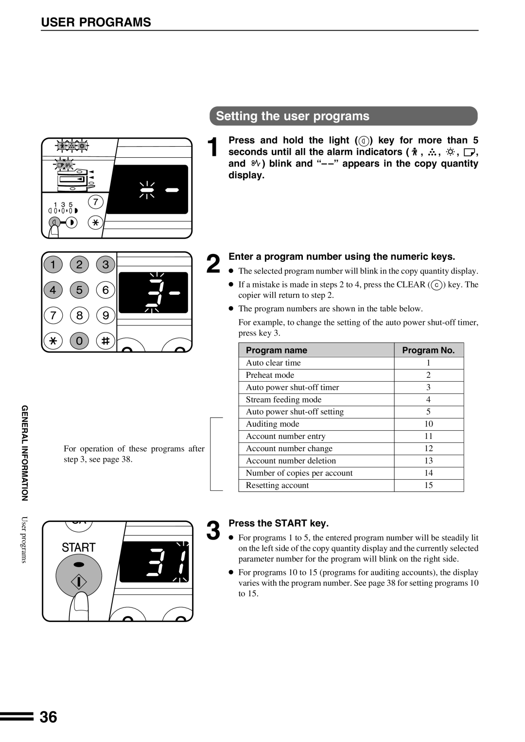 Sharp AR-162S operation manual User Programs, Setting the user programs, Enter a program number using the numeric keys 