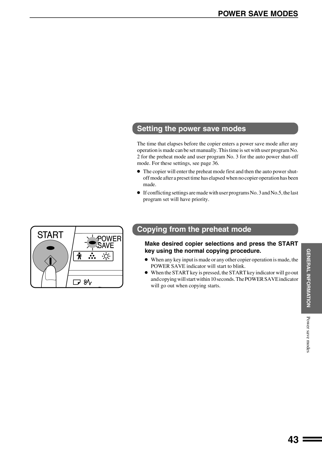 Sharp AR-162S operation manual Power Save Modes, Setting the power save modes, Copying from the preheat mode 