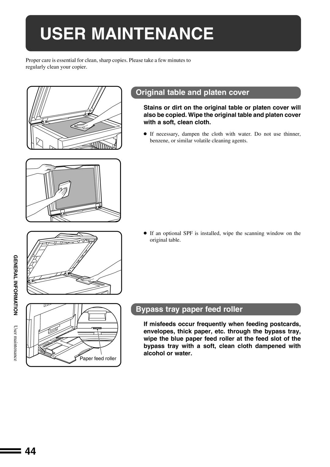 Sharp AR-162S operation manual User Maintenance, Original table and platen cover, Bypass tray paper feed roller 