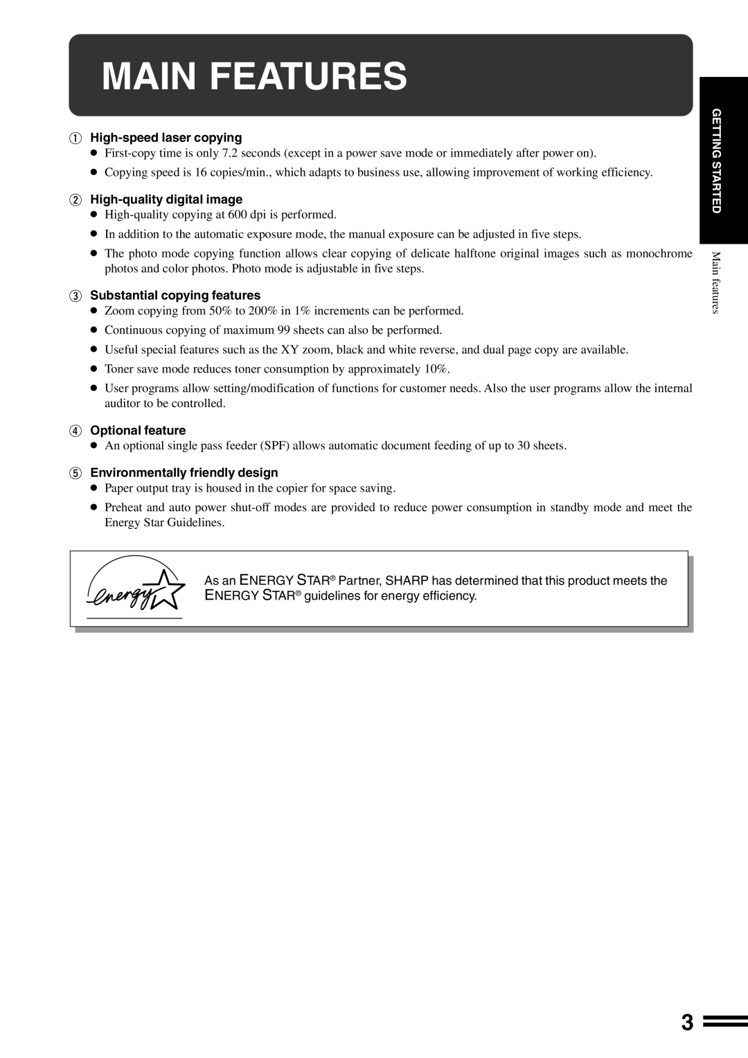 Sharp AR-162S operation manual Main Features 