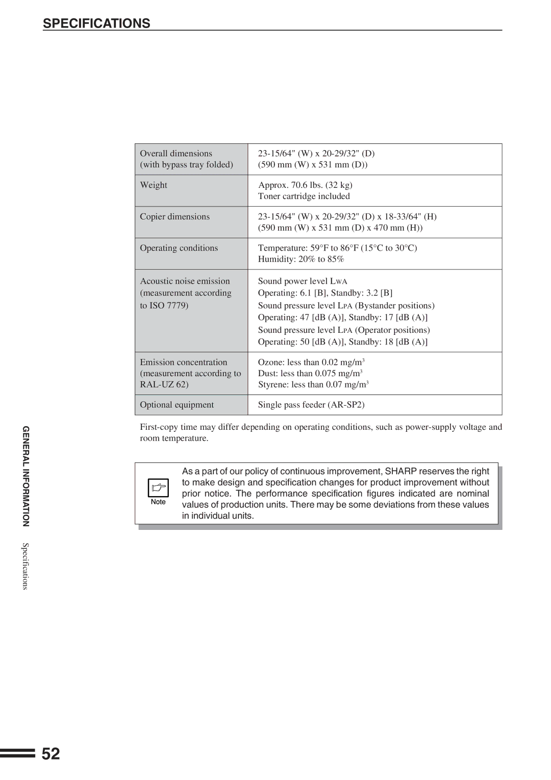 Sharp AR-162S operation manual Specifications 