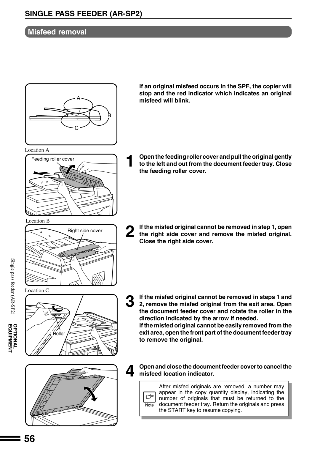 Sharp AR-162S operation manual Single Pass Feeder AR-SP2, Misfeed removal 