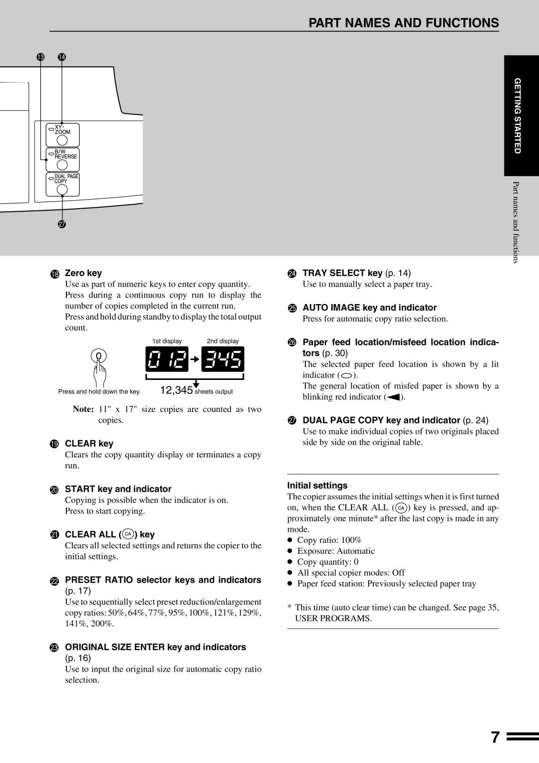 Sharp AR-162S Zero key, Clear key, Start key and indicator, Clear ALL key, Preset Ratio selector keys and indicators 