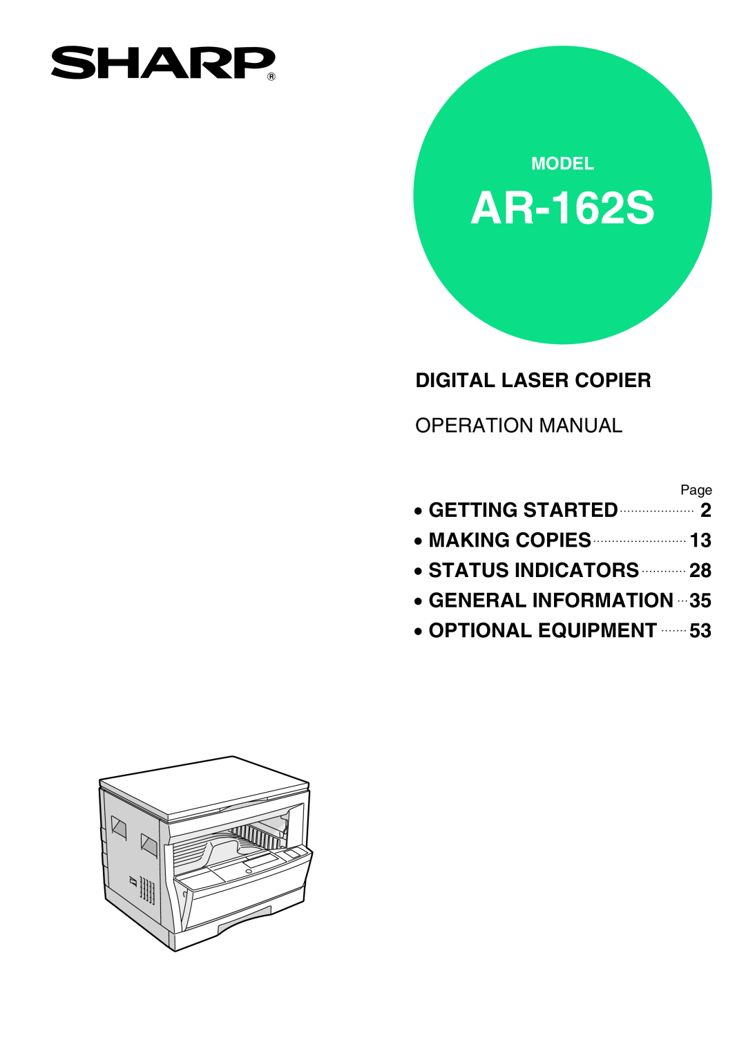Sharp AR-162S operation manual Model, Page, Digital Laser Copier, Operation Manual, Getting Started, Making Copies 