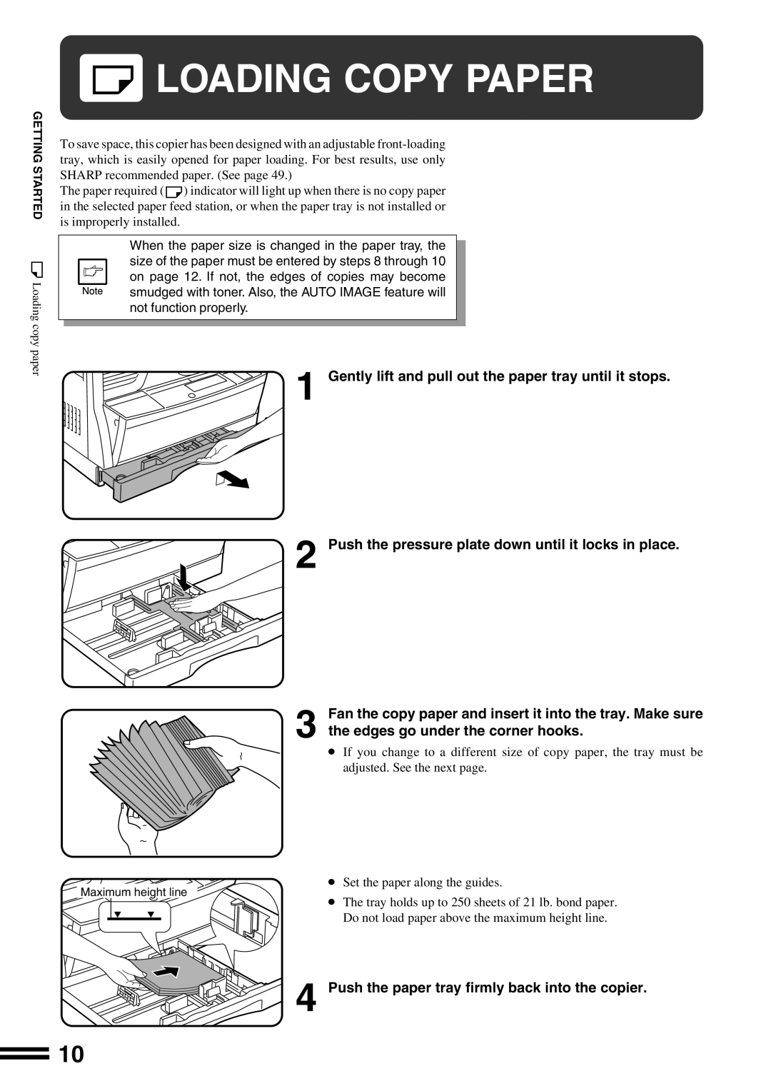 Sharp AR-162S operation manual Loading Copy Paper, Gently lift and pull out the paper tray until it stops 