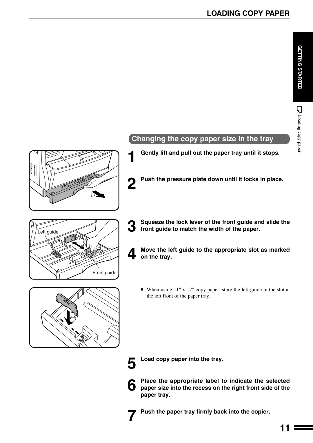Sharp AR-162S Loading Copy Paper, Squeeze the lock lever of the front guide and slide the, Left guide, Getting Started 