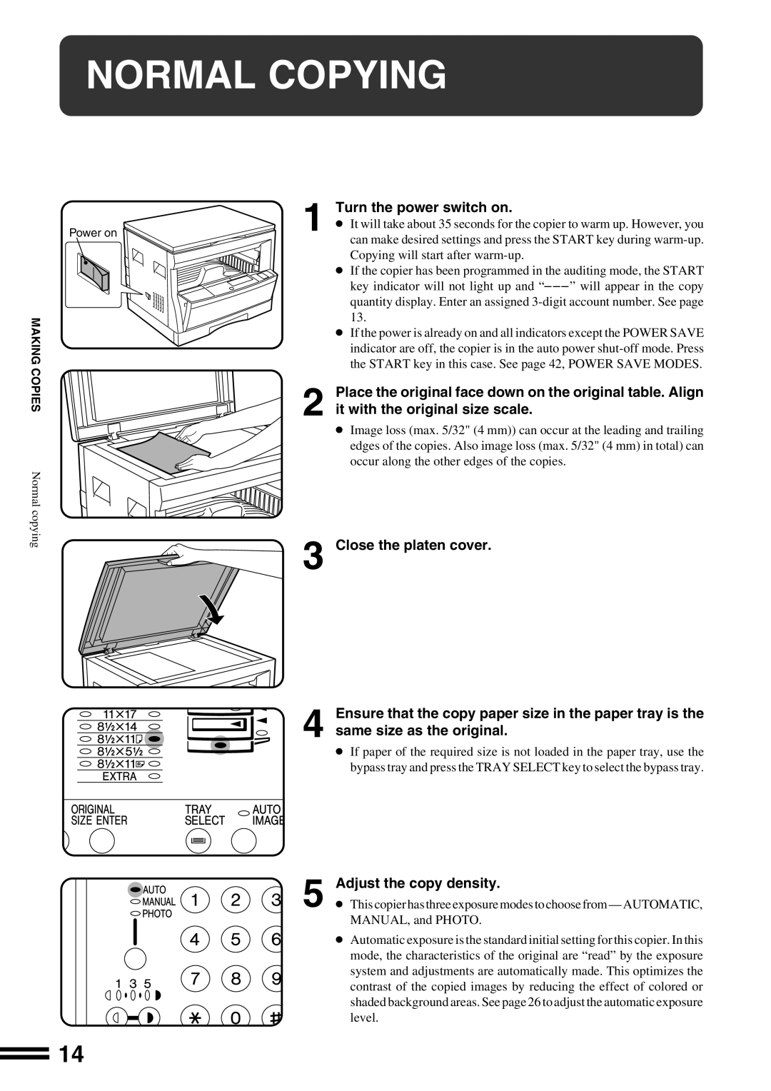 Sharp AR-162S operation manual Normal Copying, Turn the power switch on, Close the platen cover, Adjust the copy density 