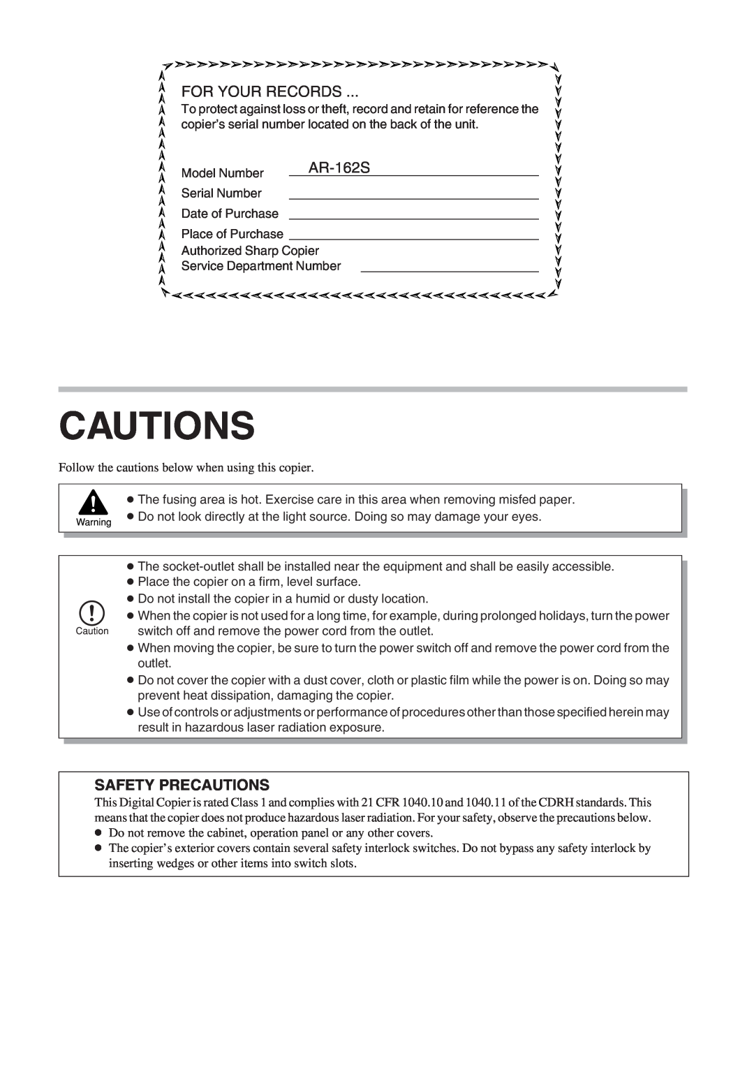 Sharp AR-162S operation manual Cautions, For Your Records, Safety Precautions 