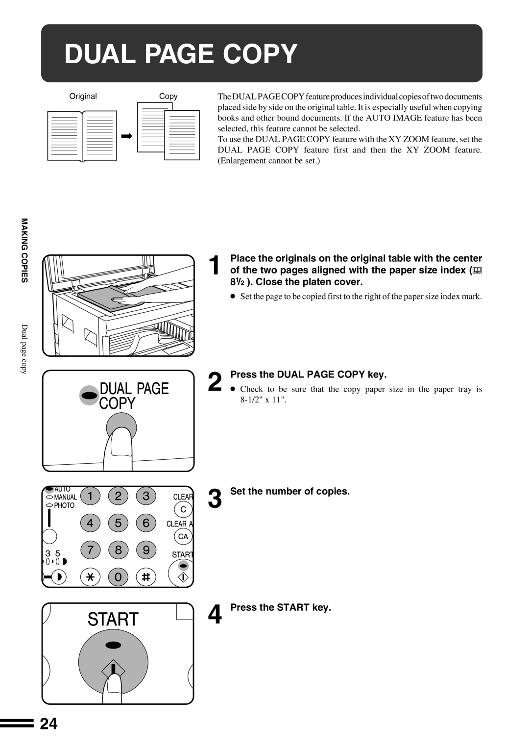 Sharp AR-162S operation manual Dual Page Copy, Press the DUAL PAGE COPY key, Set the number of copies Press the START key 