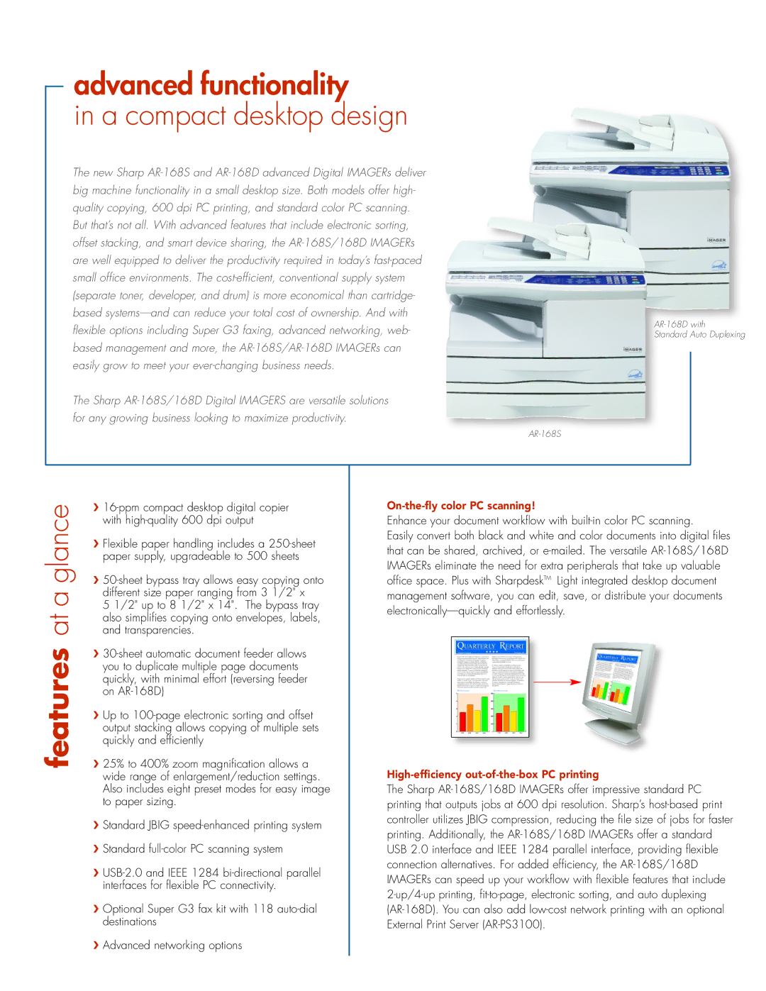 Sharp AR-168S manual On-the-fly color PC scanning, High-efficiency out-of-the-box PC printing 