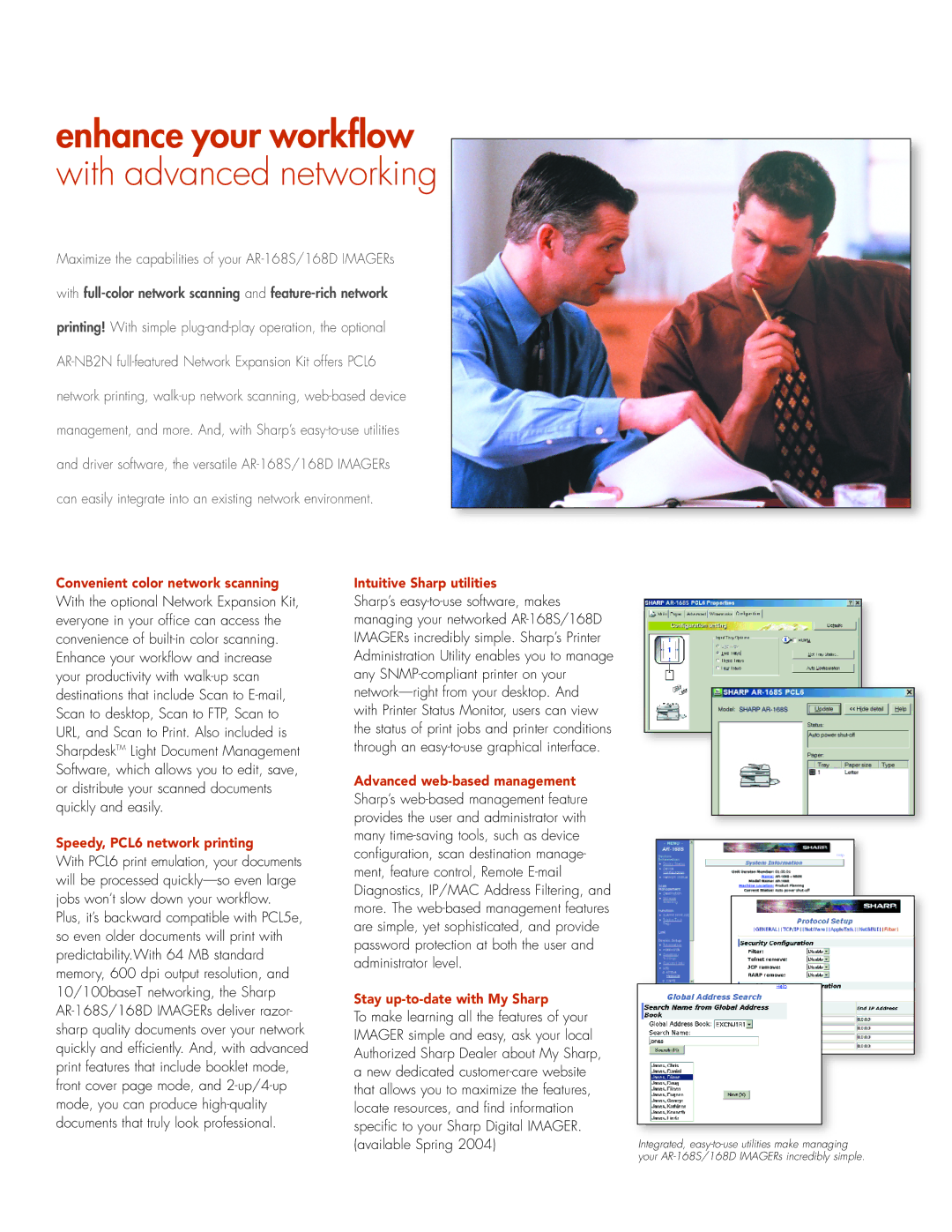 Sharp AR-168S manual Convenient color network scanning, Speedy, PCL6 network printing, Intuitive Sharp utilities 