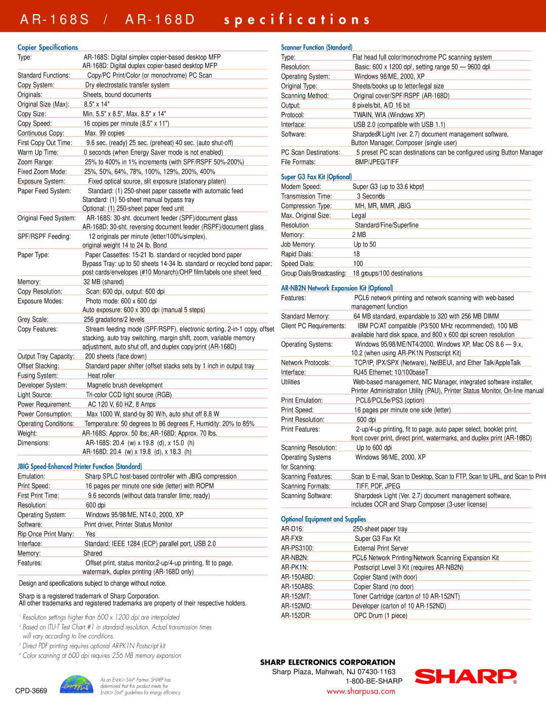 Sharp AR-168S manual 1 6 8 S / a R 1 6 8 D Specification s 