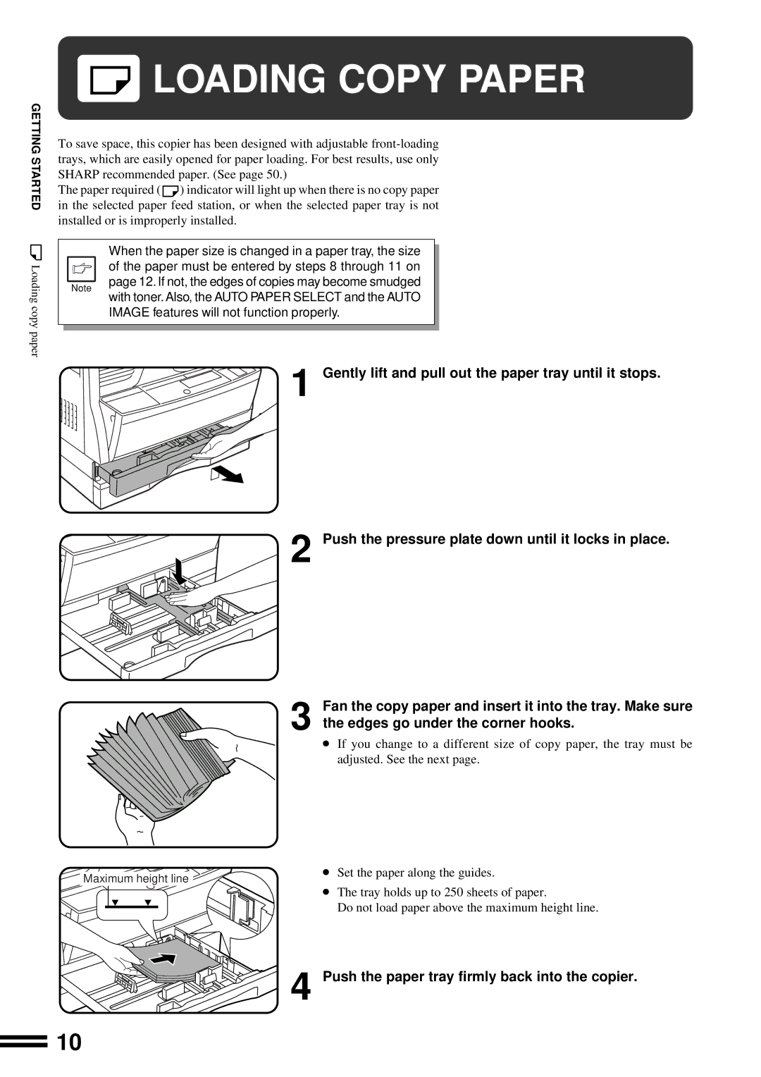 Sharp AR-201 operation manual Loading Copy Paper, Gently lift and pull out the paper tray until it stops 