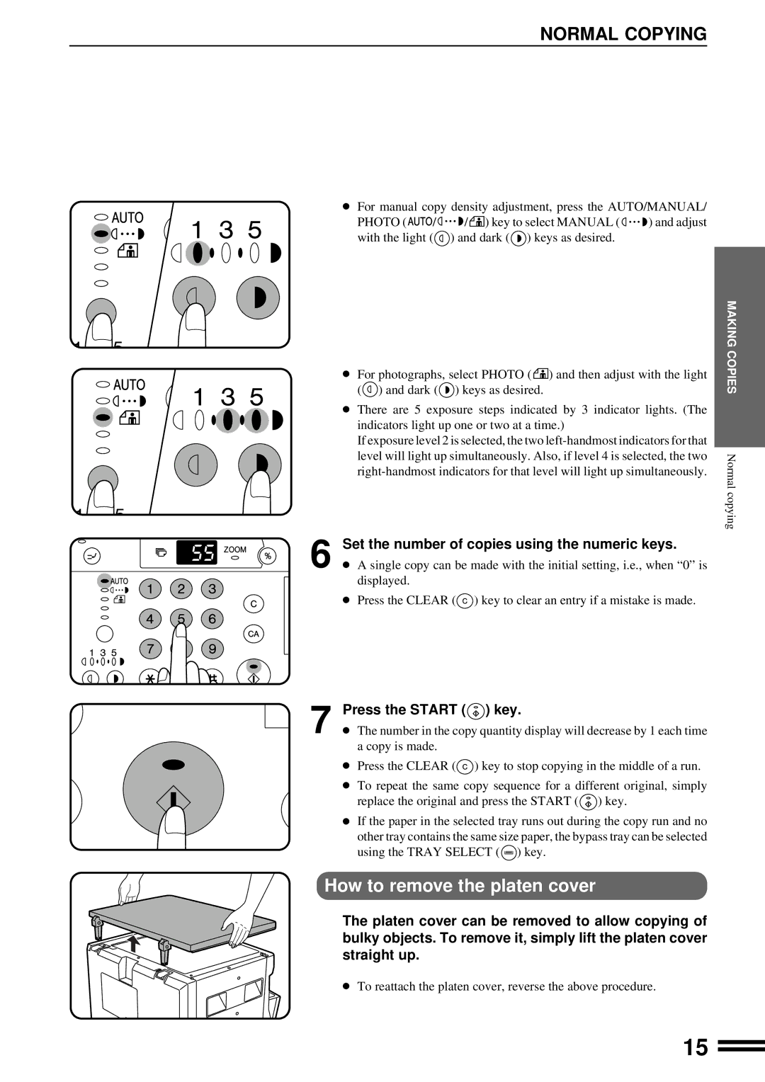 Sharp AR-201 Normal Copying, How to remove the platen cover, Set the number of copies using the numeric keys 