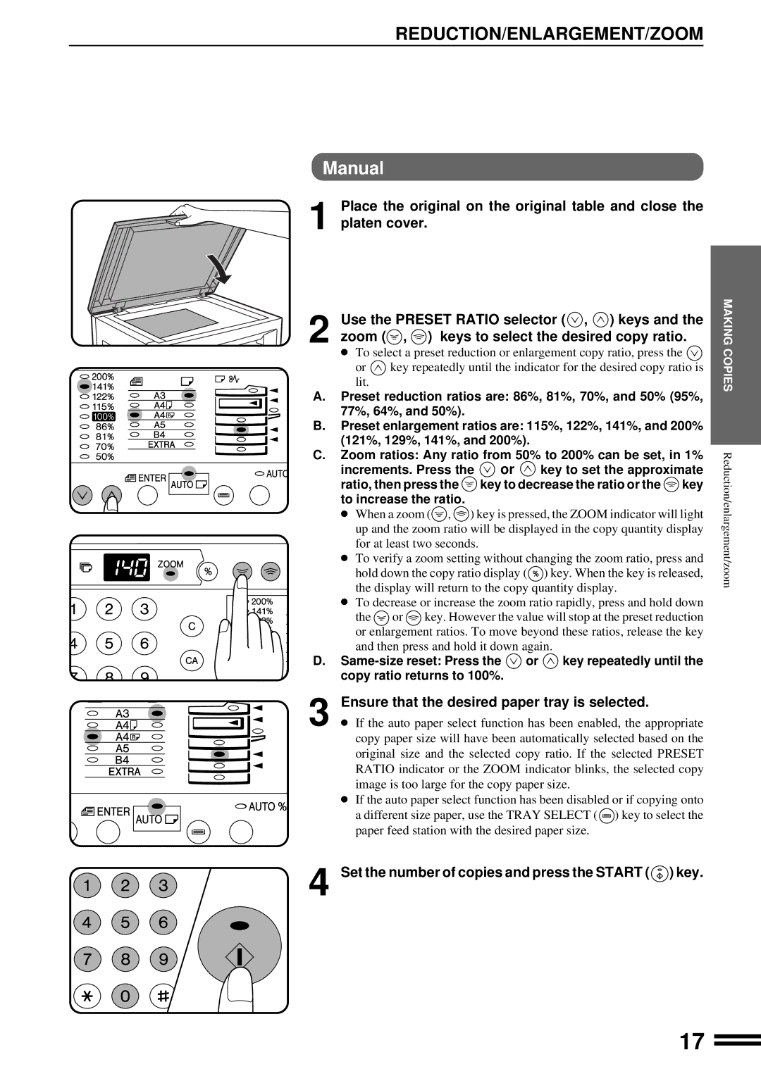 Sharp AR-201 operation manual Reduction/Enlargement/Zoom, Manual, Ensure that the desired paper tray is selected 