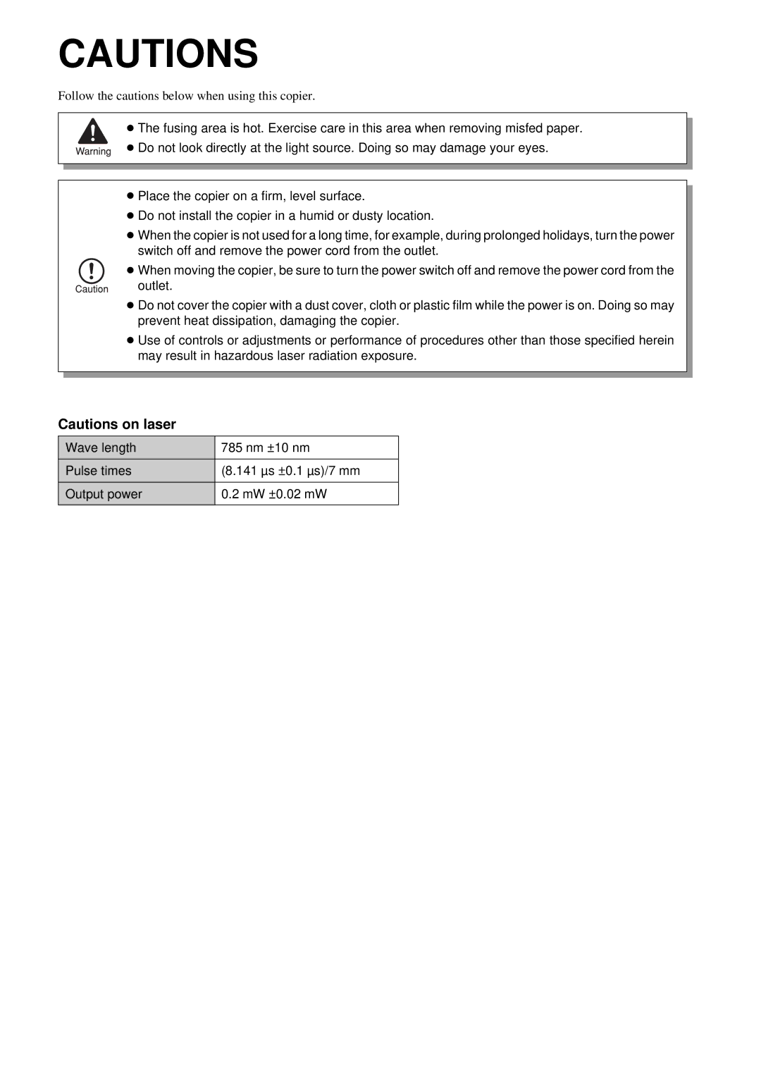 Sharp AR-201 operation manual Follow the cautions below when using this copier 